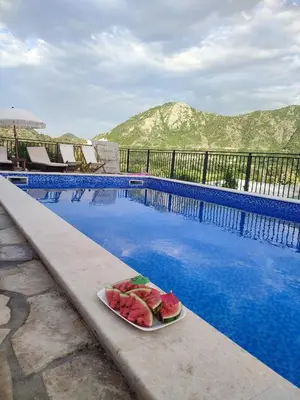 a plate of watermelon on a table next to a swimming pool at Apartments Kingfisher in Virpazar