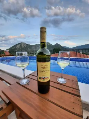 a bottle of wine sitting on a table with two wine glasses at Apartments Kingfisher in Virpazar