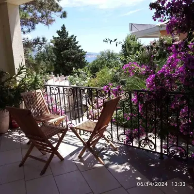 two chairs sitting on a balcony with purple flowers at Vila Maljevik in Sutomore