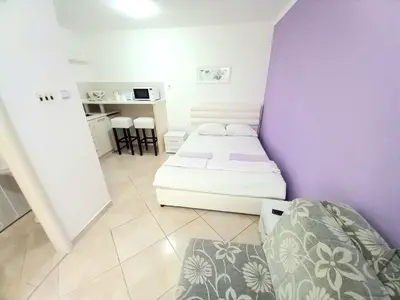 a small room with two beds and a purple wall at Kotor Sunrise Apartments in Kotor