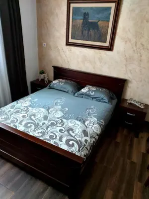 a bed in a bedroom with a picture on the wall at Apartmani vuk in Cetinje