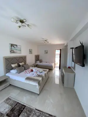 a bedroom with two beds and a flat screen tv at Apartments Gusar in Ulcinj