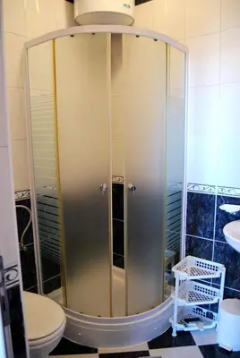 a shower in a bathroom with a toilet and a sink at Omega Apartments in Ulcinj