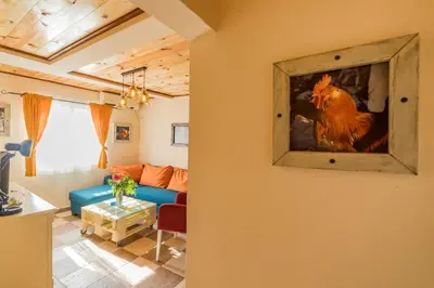 a living room with a couch and a painting of a chicken at Guest House Luna in Virpazar
