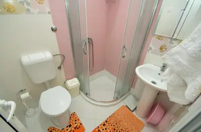 a bathroom with a shower and a toilet and a sink at Apartments Ivanović in Budva