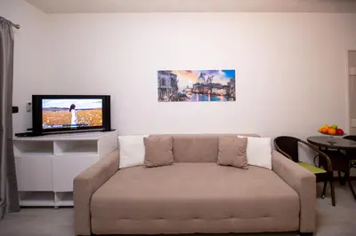 a living room with a couch and a tv at Apartment Studio Premier in Rafailovici