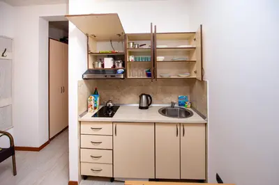 a small kitchen with a sink in a room at Apartment Studio Premier in Rafailovici