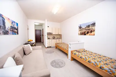 a living room with two beds and a couch at Apartment Studio Premier in Rafailovici