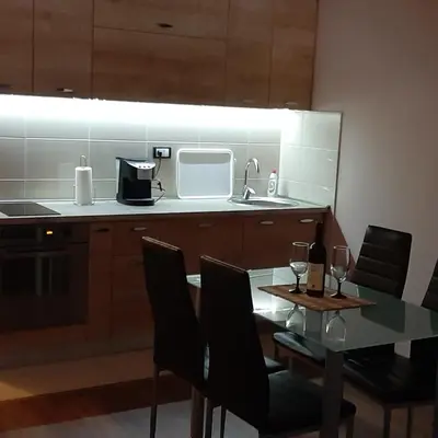 a kitchen with a table with chairs and a sink at APARTMANI MIA VUKSANOVIC in Cetinje