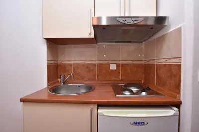 a small kitchen with a sink and a stove at Apartments and Rooms Iva in Petrovac na Moru