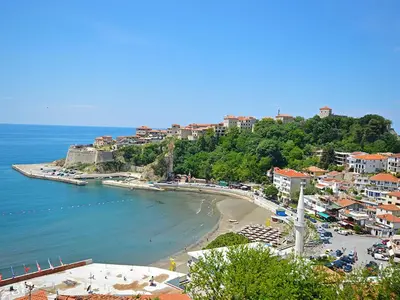 a view of a beach with buildings and the ocean at Sea View Apartment - Ulcinj - 40 sqm in Ulcinj