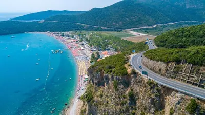 an aerial view of a beach and the ocean at Villa Sunny Hill in Budva