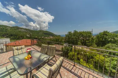 a table and chairs on a balcony with a view at Villa Sunny Hill in Budva