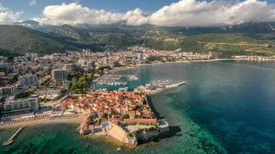 an aerial view of a beach in a city at Villa Sunny Hill in Budva