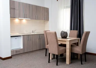 a kitchen with a table and chairs and a sink at IPN APARTMENTs in Podgorica