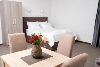 a room with a table with a vase with flowers on it at IPN APARTMENTs in Podgorica