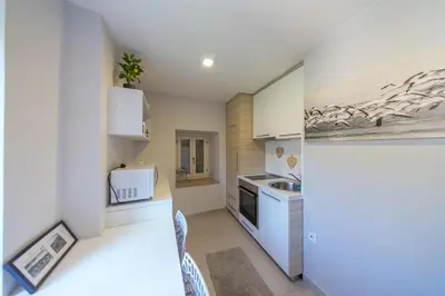 a small kitchen with a sink and a stove at Lux - Apartment BCN in Budva