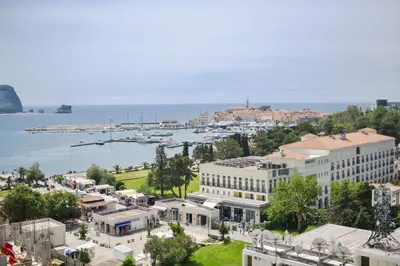 an aerial view of a city with a harbor at Apartment Old Town Budva in Budva