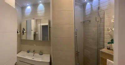 a bathroom with a shower and a sink and a mirror at Butterfly Apartman in Rafailovici