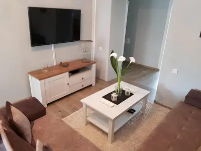 a living room with a tv and a coffee table at Harmony cozy home in Podgorica