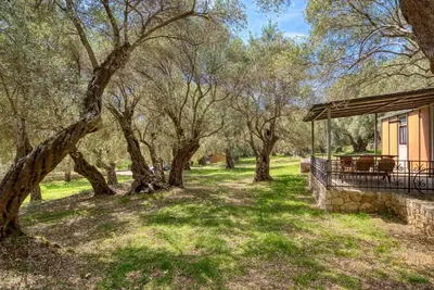 a house with a porch next to trees at Stonehouse in Olives in Ulcinj