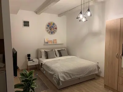 a bedroom with a bed and a clock on the wall at Apartment Jabucanin in Cetinje
