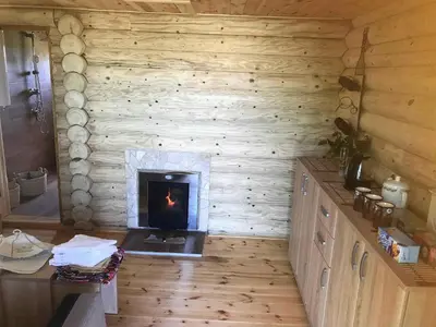 a living room with a fireplace in a log cabin at Eko Apartmani Krackovic in Podgorica