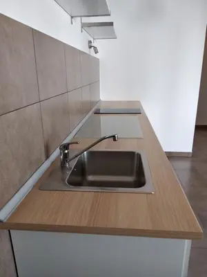 a kitchen with a sink and a wooden counter top at Studio Alexandra in Petrovac na Moru