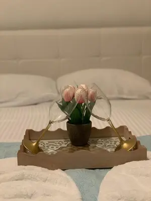 a tray with two wine glasses and flowers on a bed at Apartments Dibra in Ulcinj