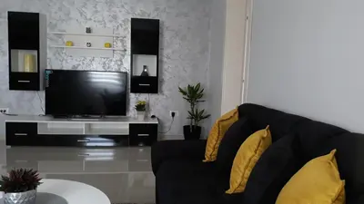 a living room with a black couch and a tv at Apartmani Stijepovic in Podgorica