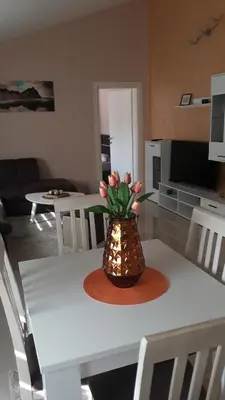a vase with flowers on a table in a living room at Apartmani Stijepovic in Podgorica
