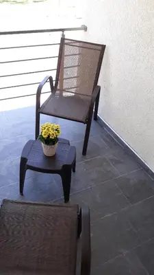 a chair and a table with a pot of flowers on it at Apartmani Stijepovic in Podgorica