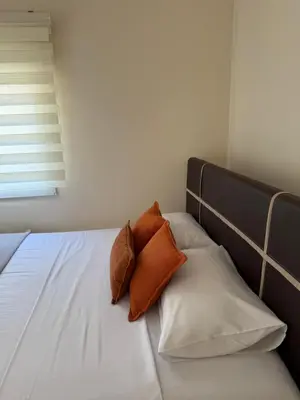 a bed with two pillows on top of it at Apartmani Stijepovic in Podgorica