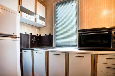 a kitchen with a microwave oven and a microwave at Stojkovic Family Apartments in Tivat