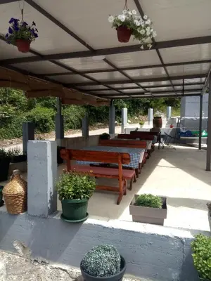 a patio with benches and potted plants on it at Apartments Nino Skadar lake in Virpazar