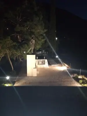 a park at night with a bench and a tree at Apartments Nino Skadar lake in Virpazar