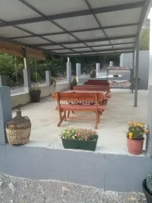a patio with two benches and flowers in pots at Apartments Nino Skadar lake in Virpazar