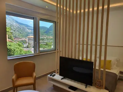 a living room with a tv and a chair and a window at Viola lux apartments in Kotor