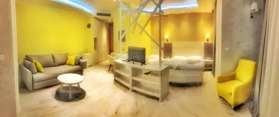 a living room with a couch and a tv in a room at Hotel Pierina in Budva