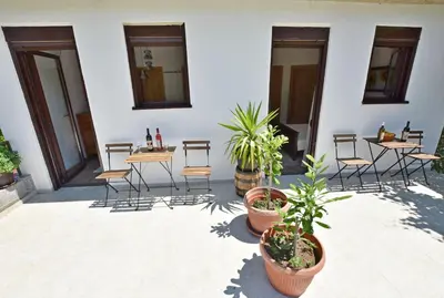 a patio with tables and chairs and potted plants at Rooms Sveti Toma in Virpazar