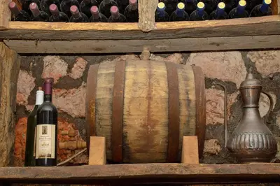 a shelf with bottles of wine and a jug at Rooms Sveti Toma in Virpazar