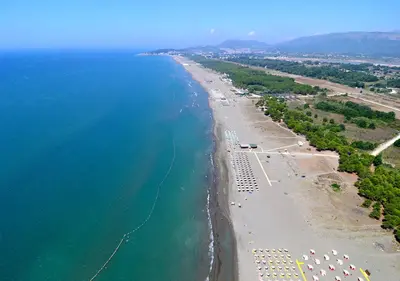 an aerial view of a beach and the ocean at Stanovic Bungalow in Ulcinj