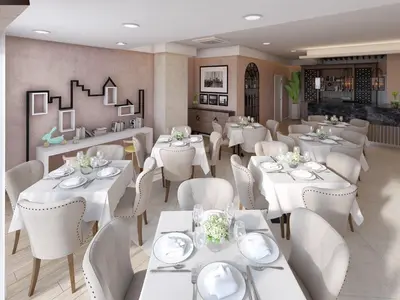 a dining room with white tables and white chairs at Apartment Anatolia Pekovic in Becici