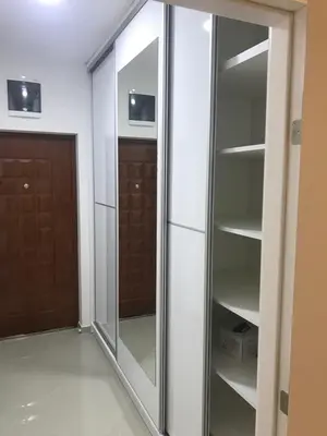 a glass closet with a mirror and a door at Luda kuća in Bar