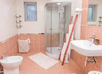 a bathroom with a shower and a toilet and a sink at Villa Aurora in Petrovac na Moru