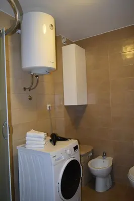 a bathroom with a washing machine and a toilet at Apartments Sea View in Kotor