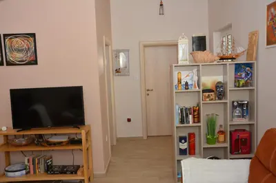 a living room with a television and a book shelf at Vila Pelinovo in Kotor