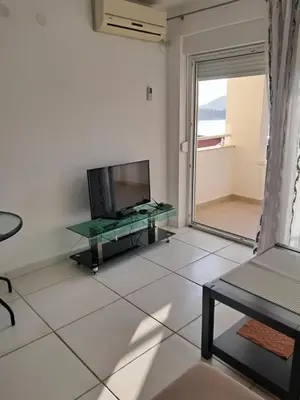 a living room with a tv and a glass table at Apartman Verica in Rafailovici