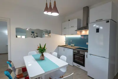 a kitchen with a white table and a white refrigerator at Honey Farm House in Virpazar