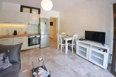 a living room with a kitchen and a table with a television at Brand New Apartments - free parking in Sveti Stefan